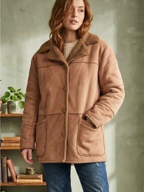 Women’s Sherpa-Lined Faux Suede Jacket - Tan